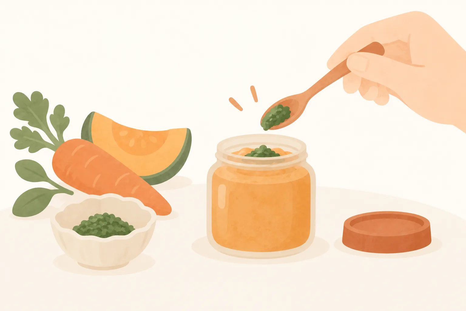 ベビーフードの瓶に、スプーンで刻んだ野菜を足しているイラスト