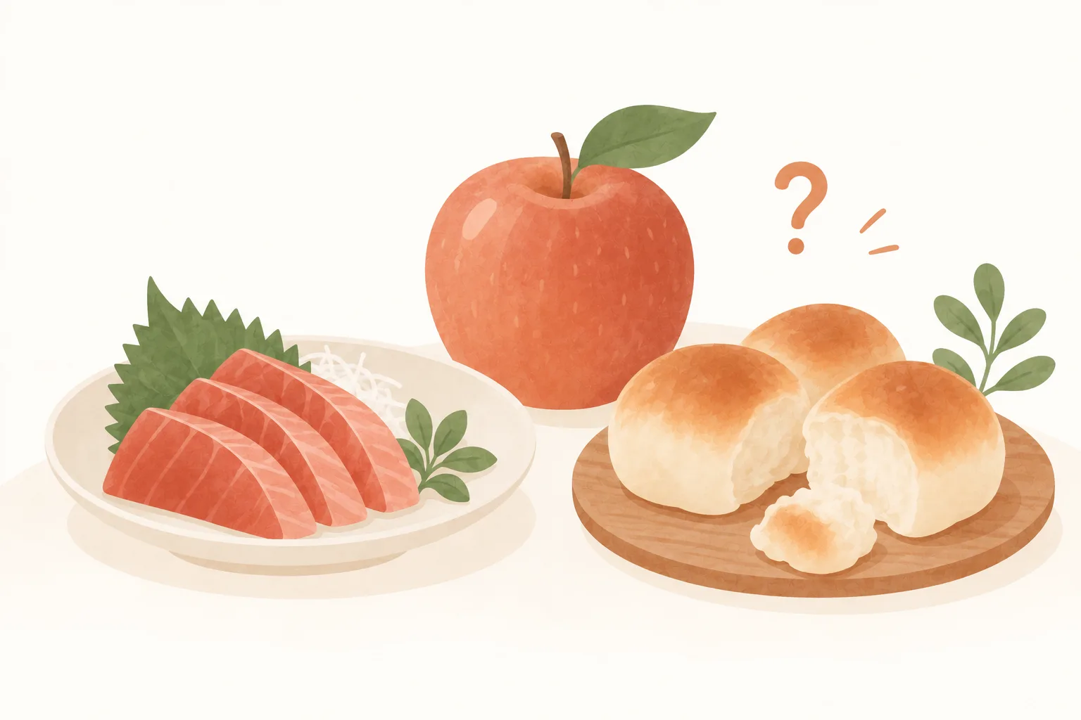 お刺身とりんごとちぎりパンが並んだイラスト