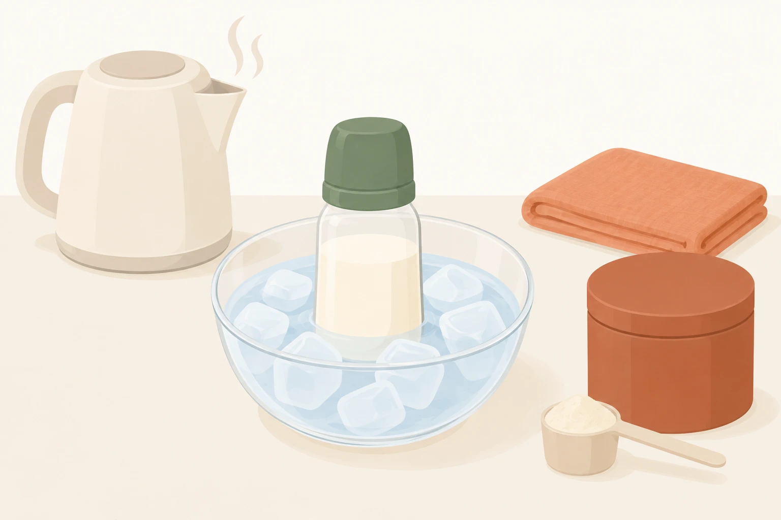 湯気の立つ電気ケトルの手前で、ミルクの入った哺乳びんを氷水のボウルに立てて冷まし、右に粉ミルクの容器と、粉を1杯すくった計量スプーン、たたんだふきんを並べたイラスト