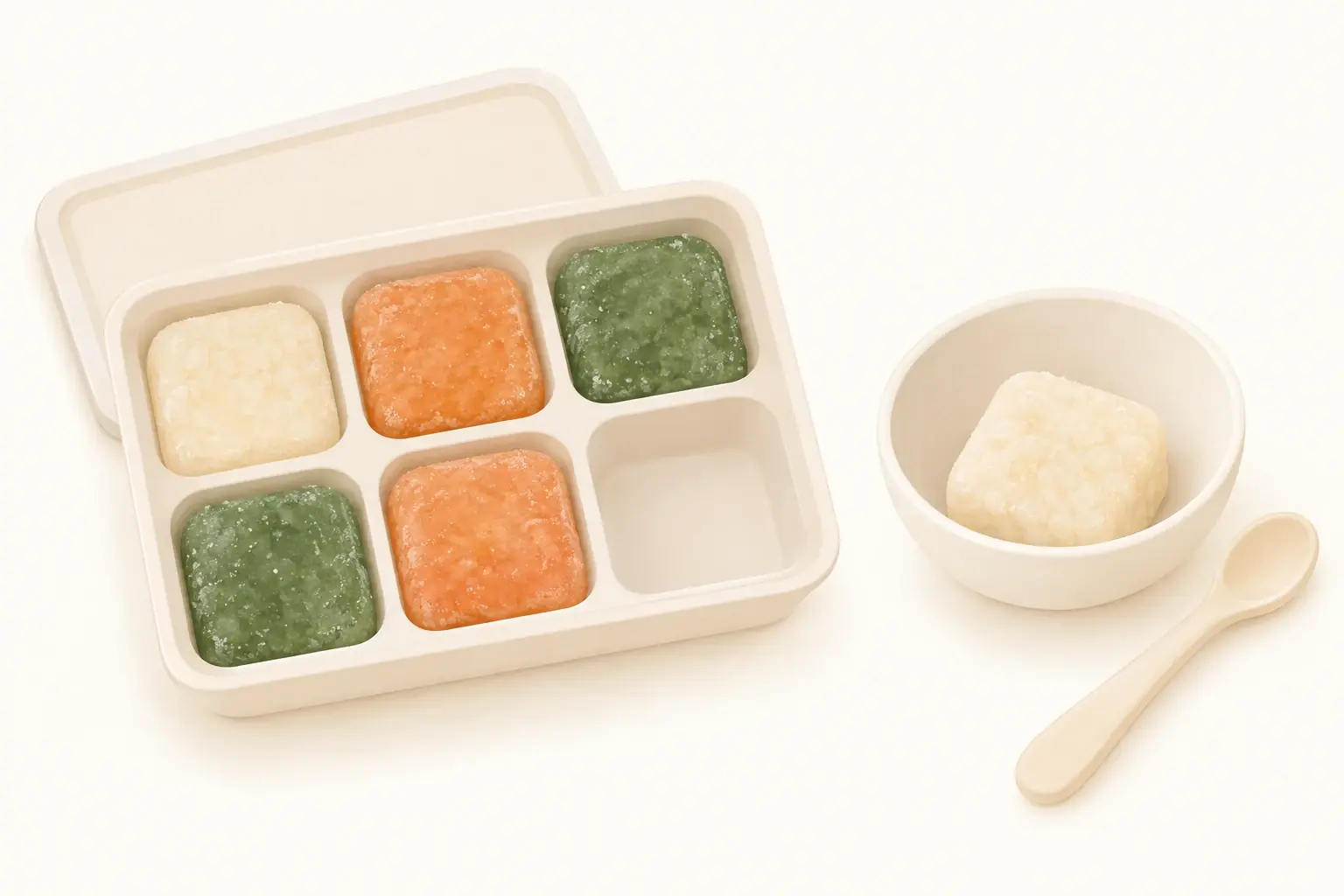 ふたを外した浅いトレーに、凍ったおかゆ、にんじんのペースト、青菜のペーストのブロックが並び、1つ空いたくぼみの隣で、おかゆのブロックを1つ小さな器に移して、子供用のスプーンを添えたイラスト