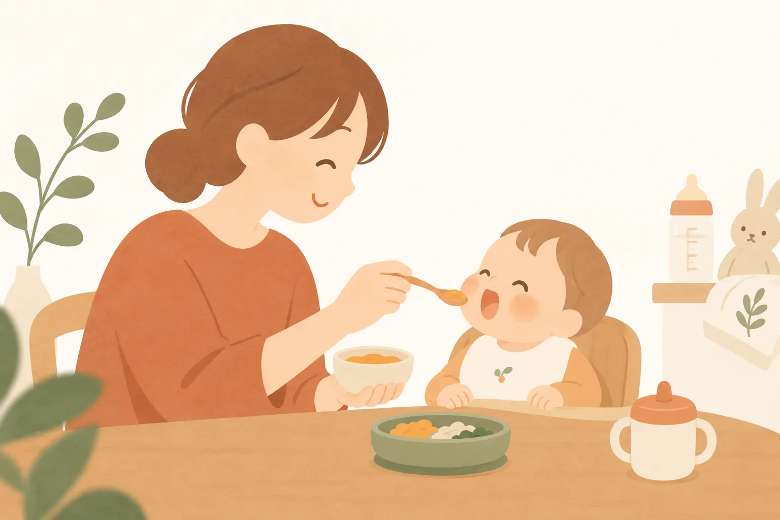 お母さんが赤ちゃんにスプーンでごはんを食べさせている、あたたかい食卓のイラスト