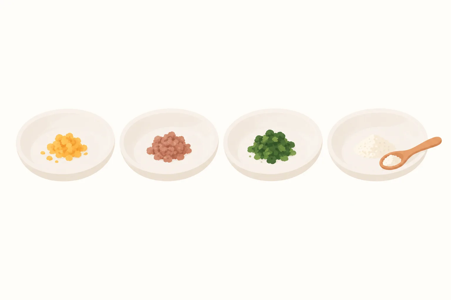 小皿4枚に1回分ずつ取り分けた、卵黄・赤身肉・青菜・粉末のイラスト