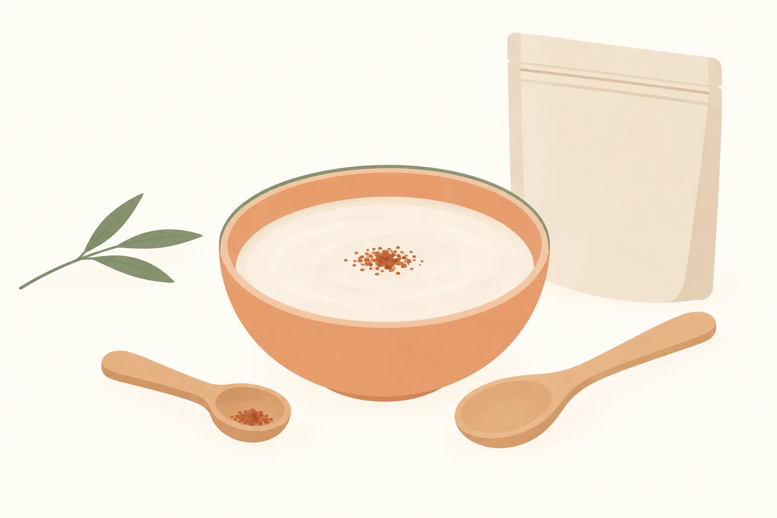 おかゆのまんなかに茶色い粉をひとふりした器と、粉を少しのせた木のスプーン、無地の袋のイラスト