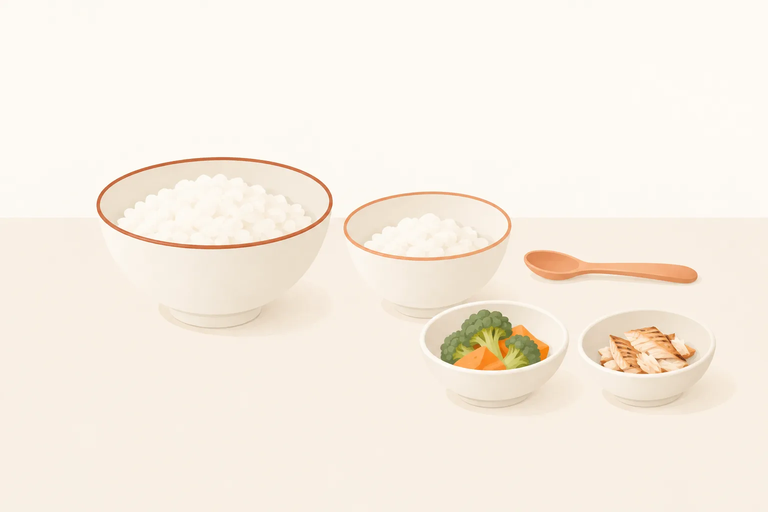 ご飯を盛った大人用の茶碗と、ひとまわり小さい子ども用の茶碗を並べ、にんじんとブロッコリーの小鉢、ほぐした焼き魚の小鉢、子ども用のスプーンを添えたイラスト