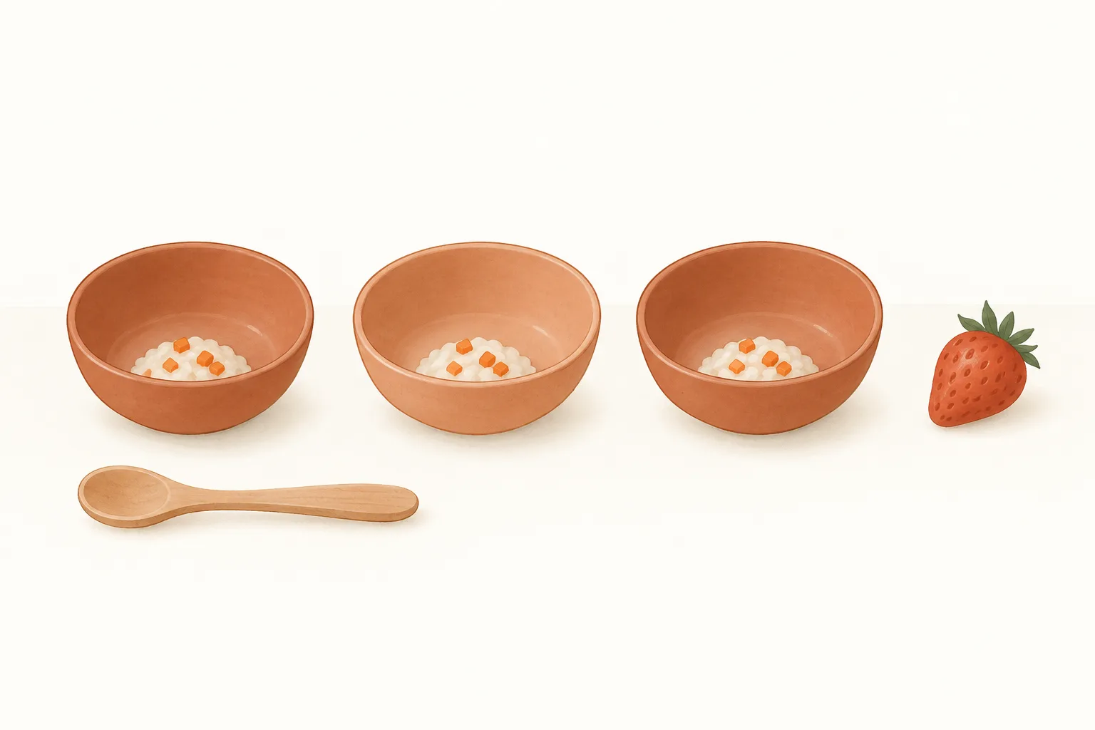 同じ形の器を3つ並べ、それぞれにおかゆとにんじんを少しずつ入れたイラスト。右にいちごが1粒、手前に木のスプーン